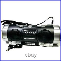 COBY CX-CD282 Portable CD Cassette Radio Player Recorder Woofers Boombox Strap