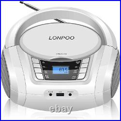 LP-D03 Portable Top-Loading CD MP3 Player (White), Boombox Bluetooth Stereo FM R
