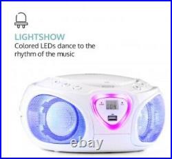 New WHITE auna Roadie Portable Boombox CD Player AM/FM Stereo LED Strobe Light