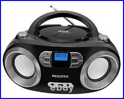 Portable CD Player Bluetooth Boombox with FM Radio, USB, Aux and Black
