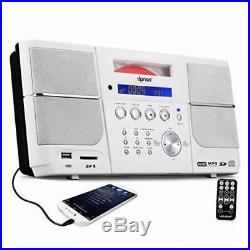 Portable white cd player boombox compact stereo with fm radio clock alarm usb sd
