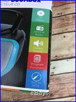 Sylvania Portable CD Player Boom Box with AM/FM Radio Teal Blue iPhone Ipod Jack